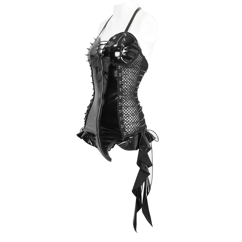 Sleek black vinyl bodysuit with lace-up front, halter neck, and dramatic zip closure for a sultry night out.