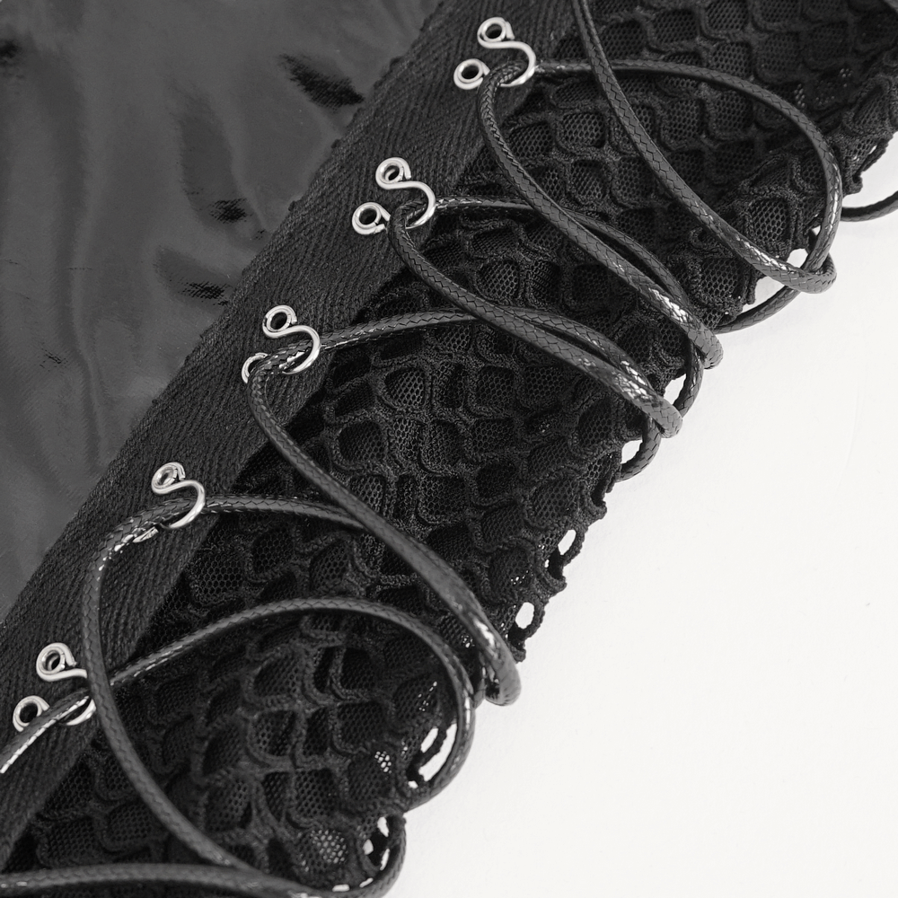 Close-up of lace-up detail on elegant black vinyl bodysuit, showcasing sleek design and customizable fit.