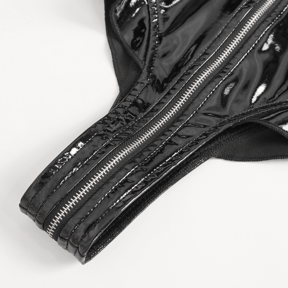 Close-up of sleek black vinyl bodysuit with zip closure and halter neck design, perfect for a sultry night out.