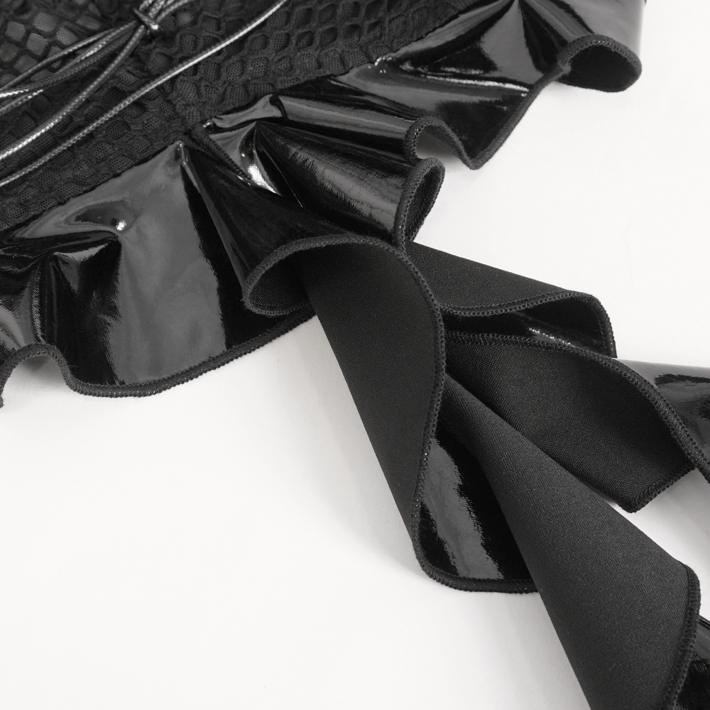 Elegant Black Vinyl Zip Front Lace Up Bodysuit