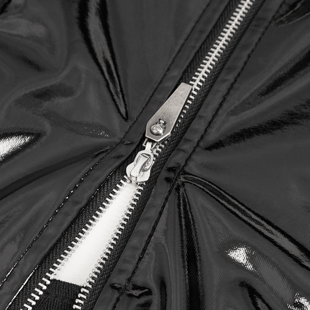 Close-up of sleek black vinyl zipper, perfect for an elegant bodysuit design featuring zip and lace-up details.