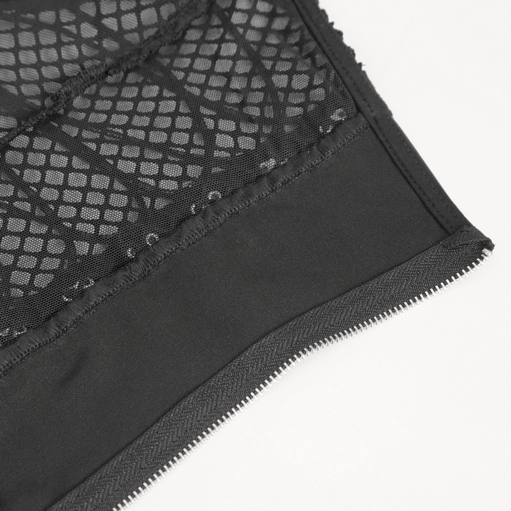 Close-up of black vinyl bodysuit showing lace-up design and zip closure on a sleek background.