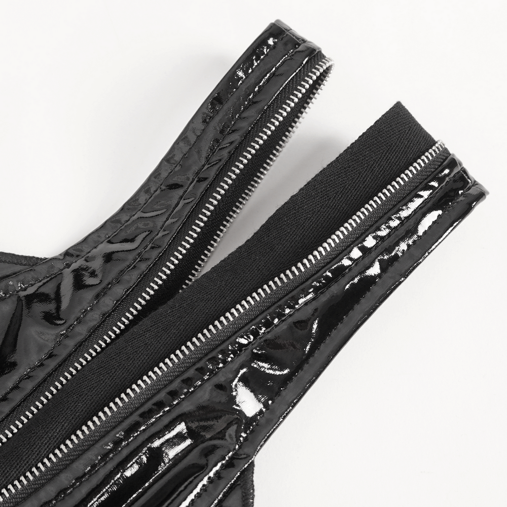 Close-up of sleek black vinyl bodysuit with zip closure and halter neck design for a chic look.