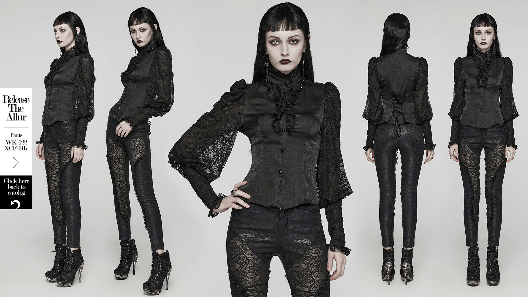 Elegant black women's lace gothic blouse showcasing a dramatic silhouette and dark glamour for a stylish night out.