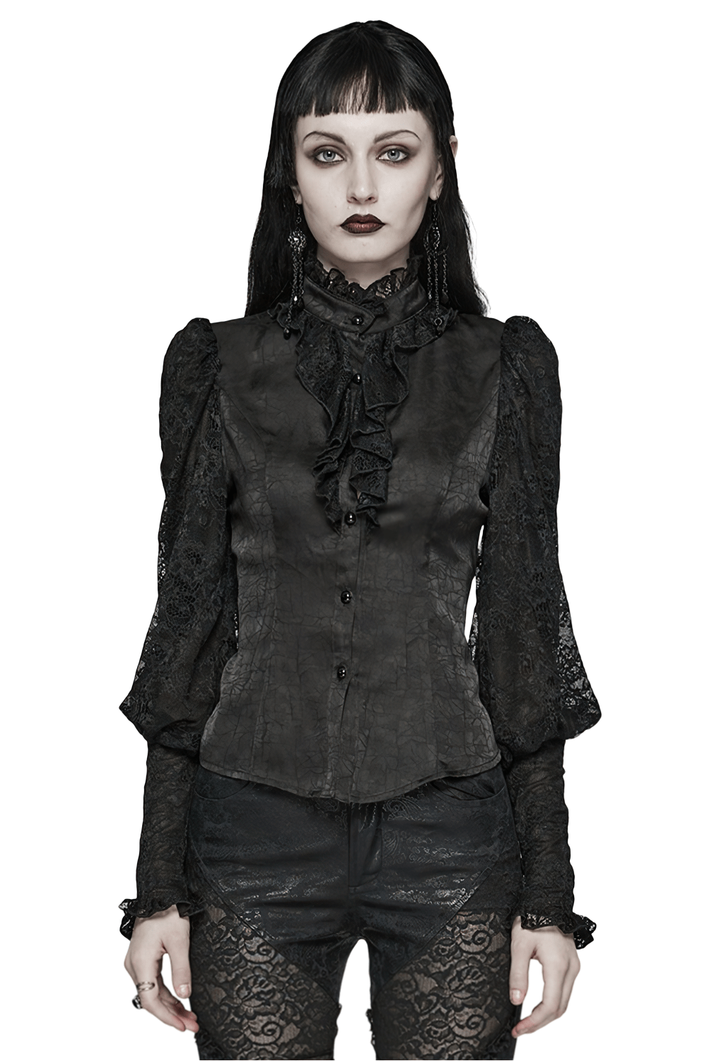 Elegant black lace gothic blouse with ruffled neckline, perfect for a dark, chic aesthetic.