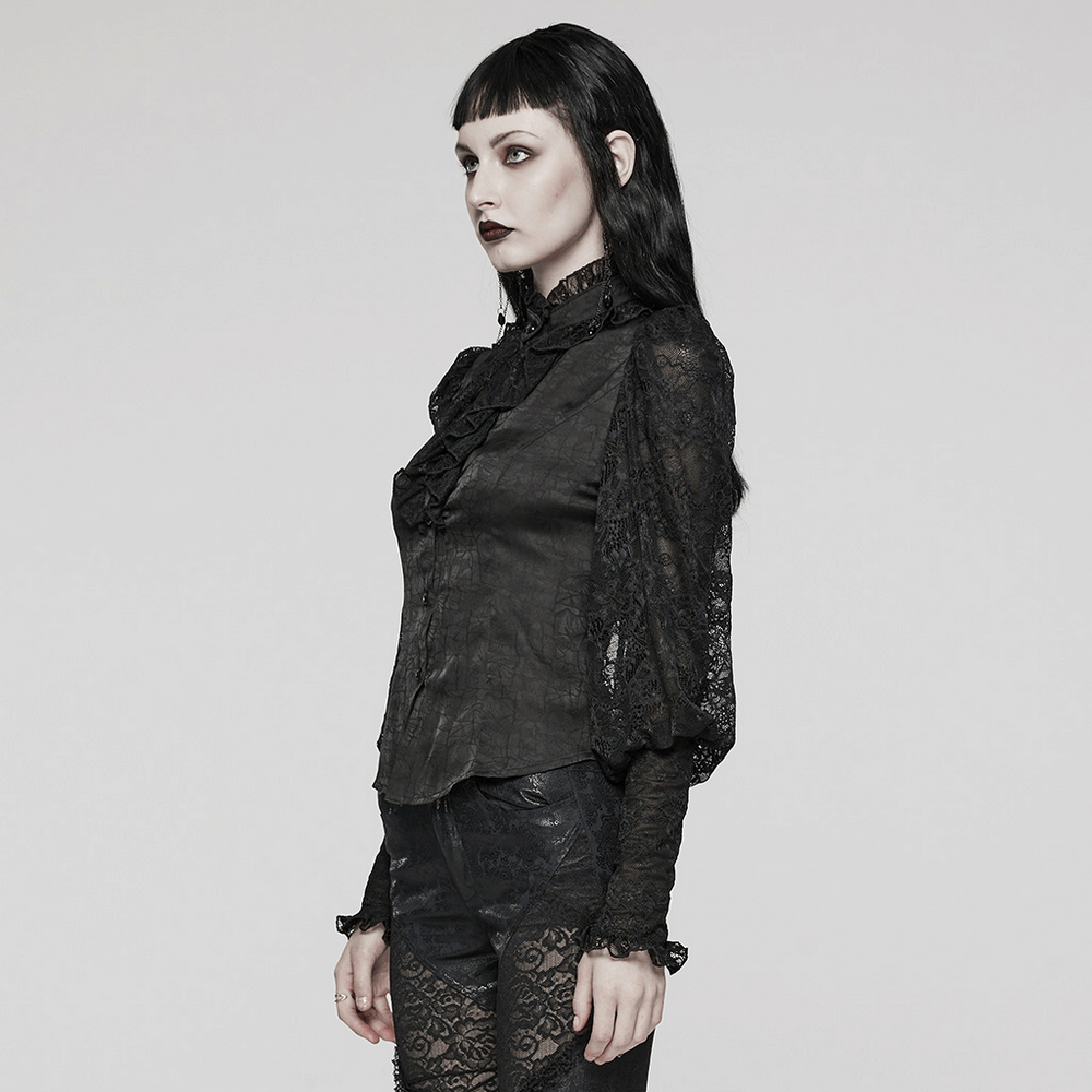 Elegant black women's gothic lace blouse with dramatic silhouette, perfect for a dark and glamorous night out.