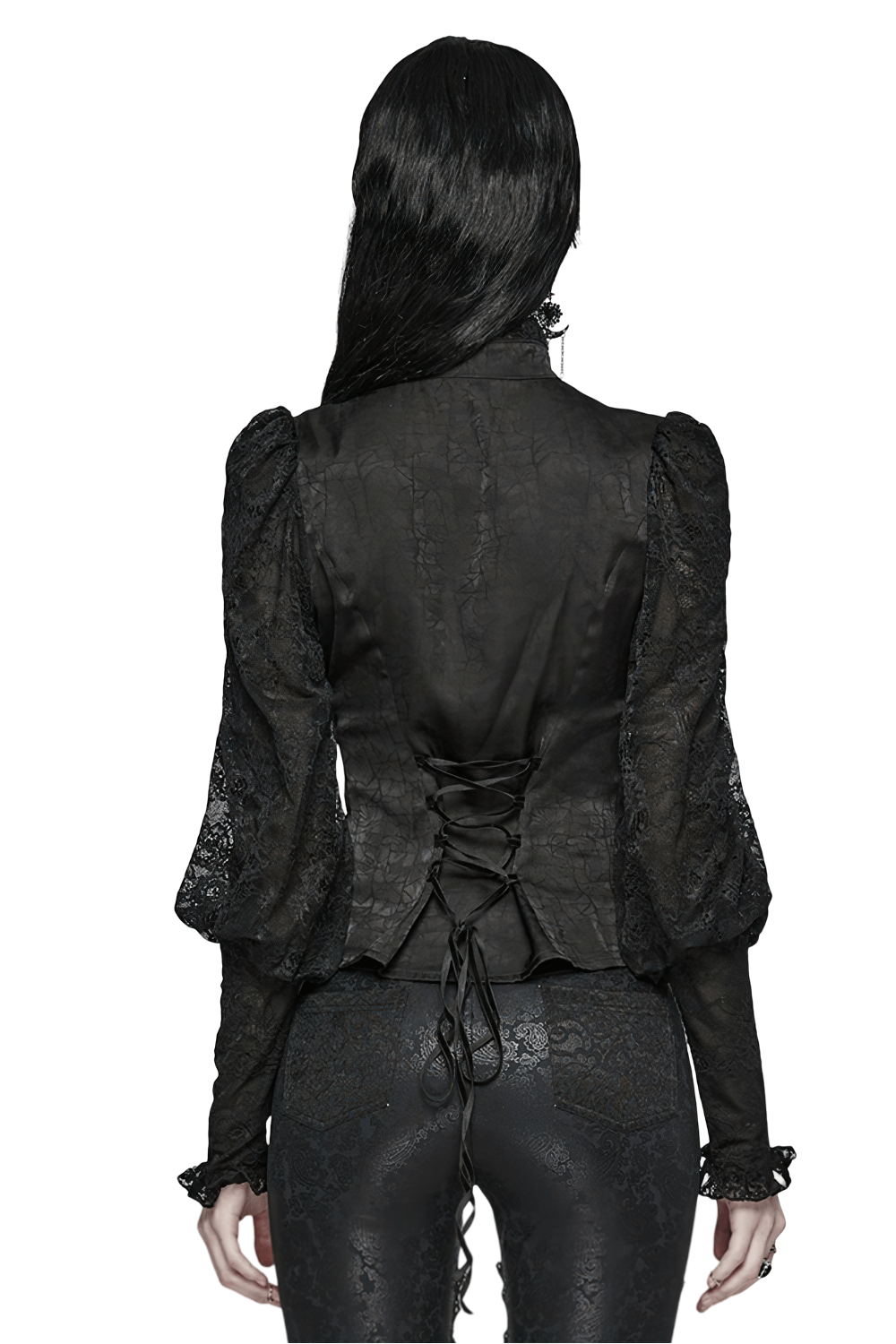 Back view of a gothic black lace blouse with puff sleeves and lace-up detail, perfect for a darkly elegant look.