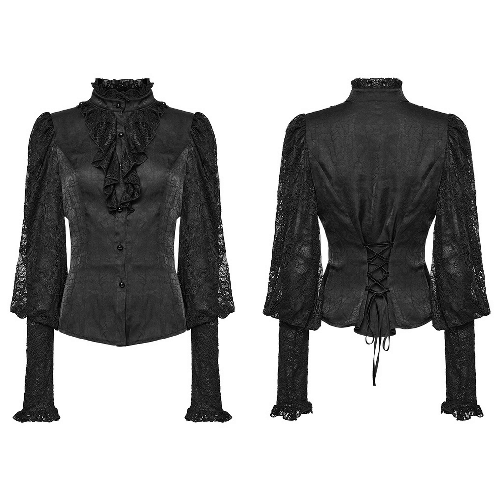 Elegant black women's Gothic lace blouse with ruffled front and dramatic sleeves, perfect for a night out.