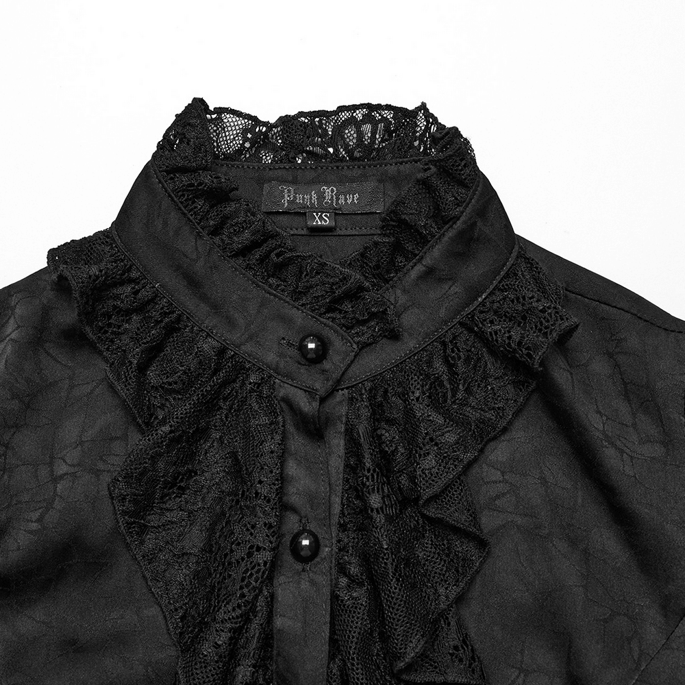 Elegant black lace gothic blouse with ruffled collar and buttons, perfect for a chic night out.