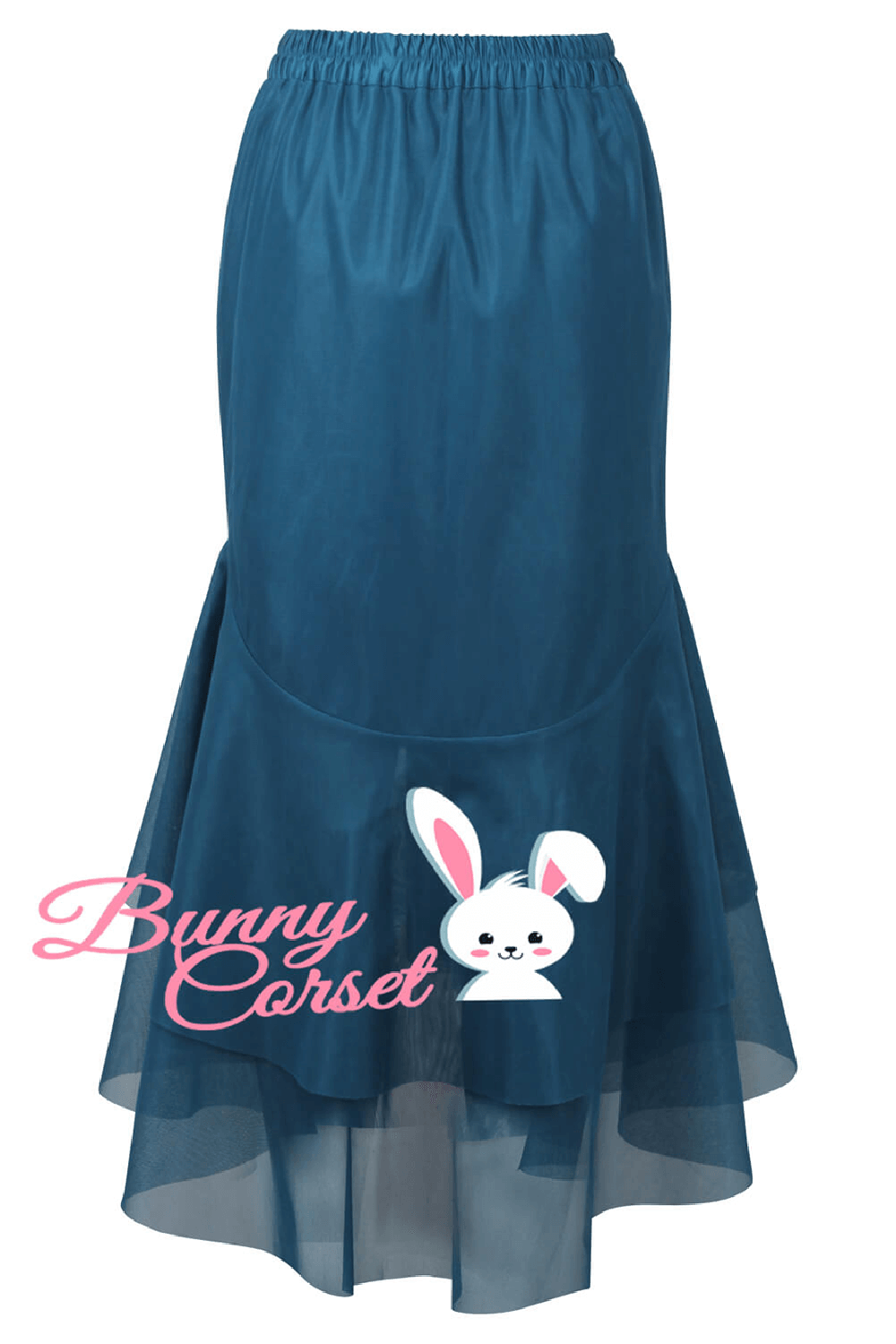 Elegant blue satin layered mesh skirt for women, featuring a comfortable elastic waistband and stylish flared design.