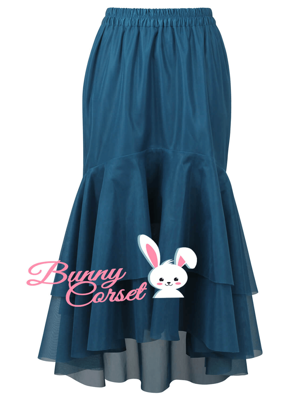 Elegant blue satin layered mesh skirt with elastic waist for women, adding sophistication to any outfit.