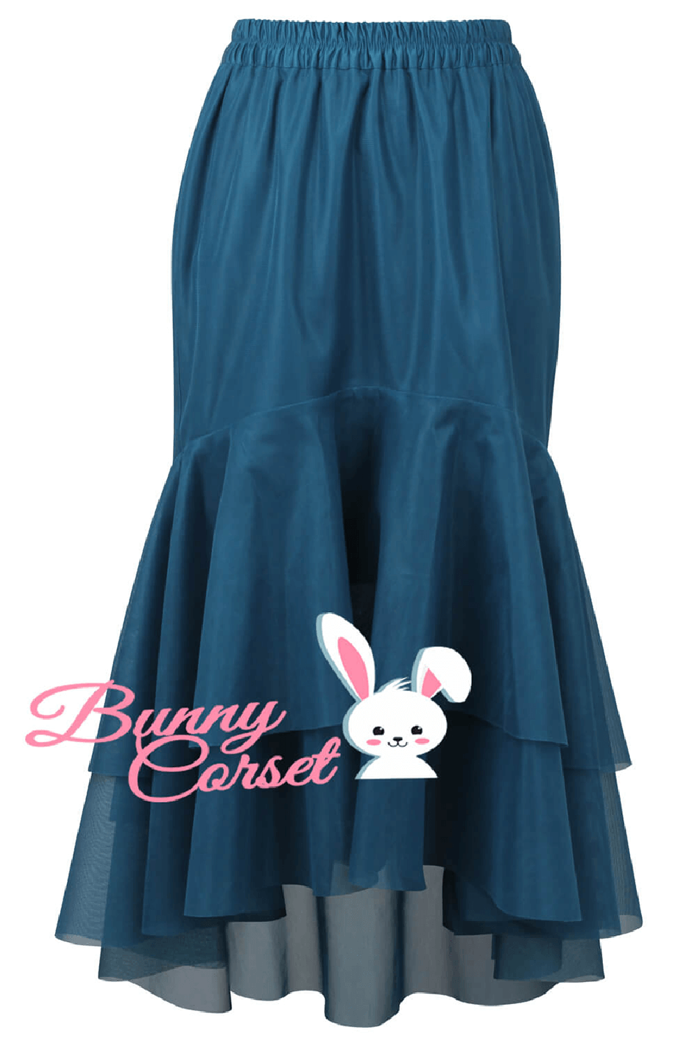 Elegant blue satin layered mesh skirt with elastic waist for women, adding sophistication to any outfit.