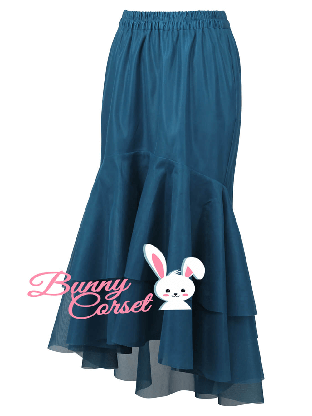 Elegant blue satin layered mesh skirt for women with elastic waist from Bunny Corset.