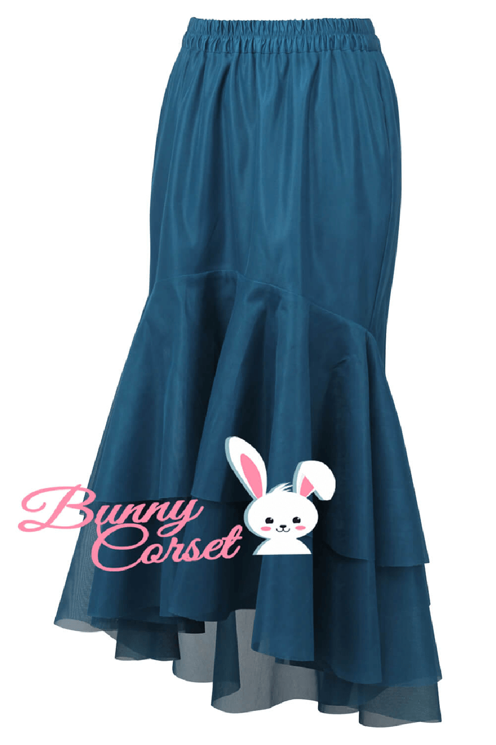 Elegant blue satin layered mesh skirt for women with elastic waist from Bunny Corset.