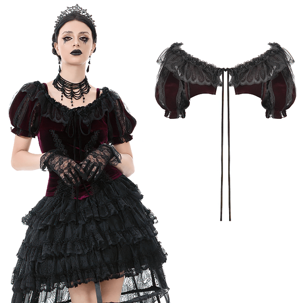 Elegant burgundy bolero with black lace and rose appliques, perfect for gothic and Victorian-inspired fashion.