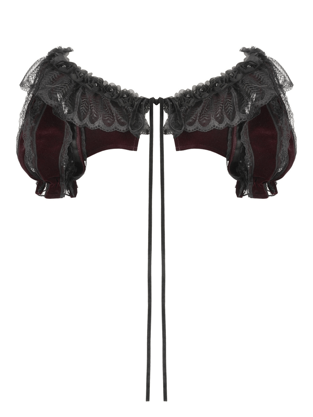Burgundy Victorian bolero with black lace, ruffles, and ties for gothic elegance and vintage-inspired fashion.