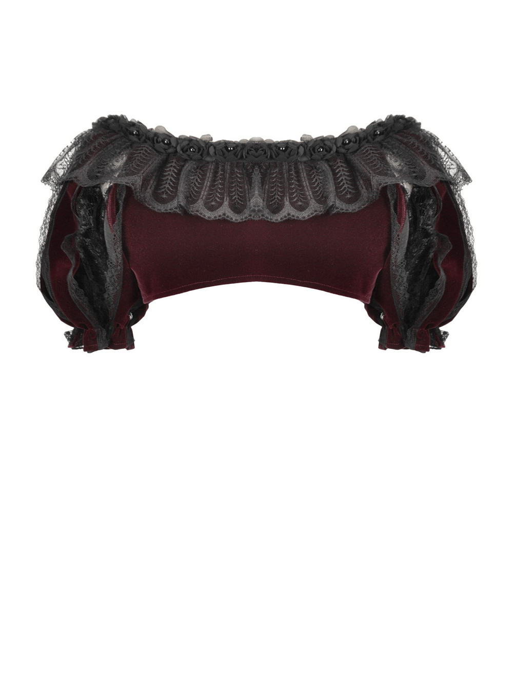Burgundy Victorian bolero with black lace ruffles and rose appliques, perfect for gothic and vintage styles.