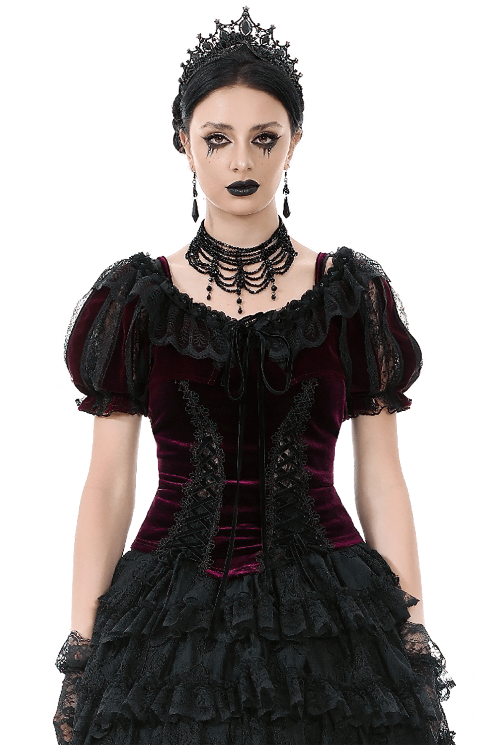 Burgundy Victorian bolero with lace details, ruffles, and dramatic accessories in gothic fashion look.
