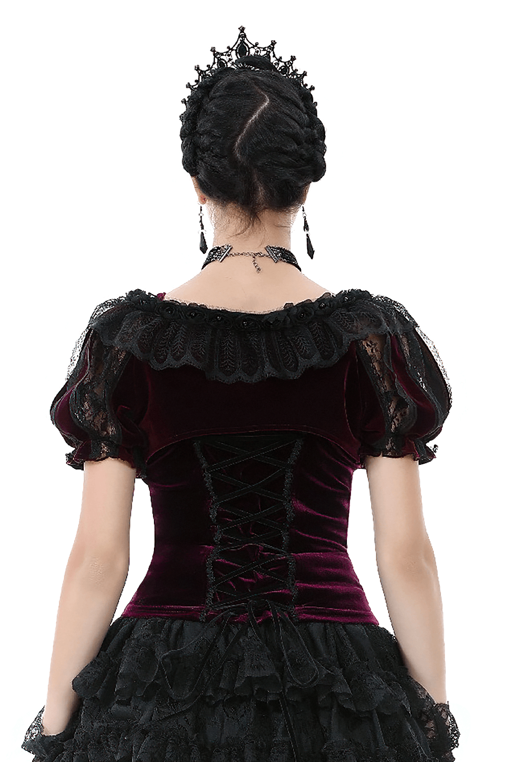 Back view of a burgundy Victorian bolero with lace ruffles and ties, showcasing gothic elegance for cosplay.