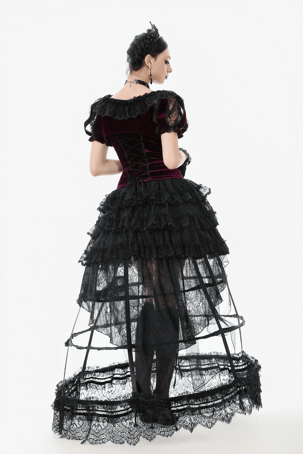 Elegant burgundy Victorian bolero with black lace ruffles, rose appliques, and dramatic ties, showcasing gothic style.