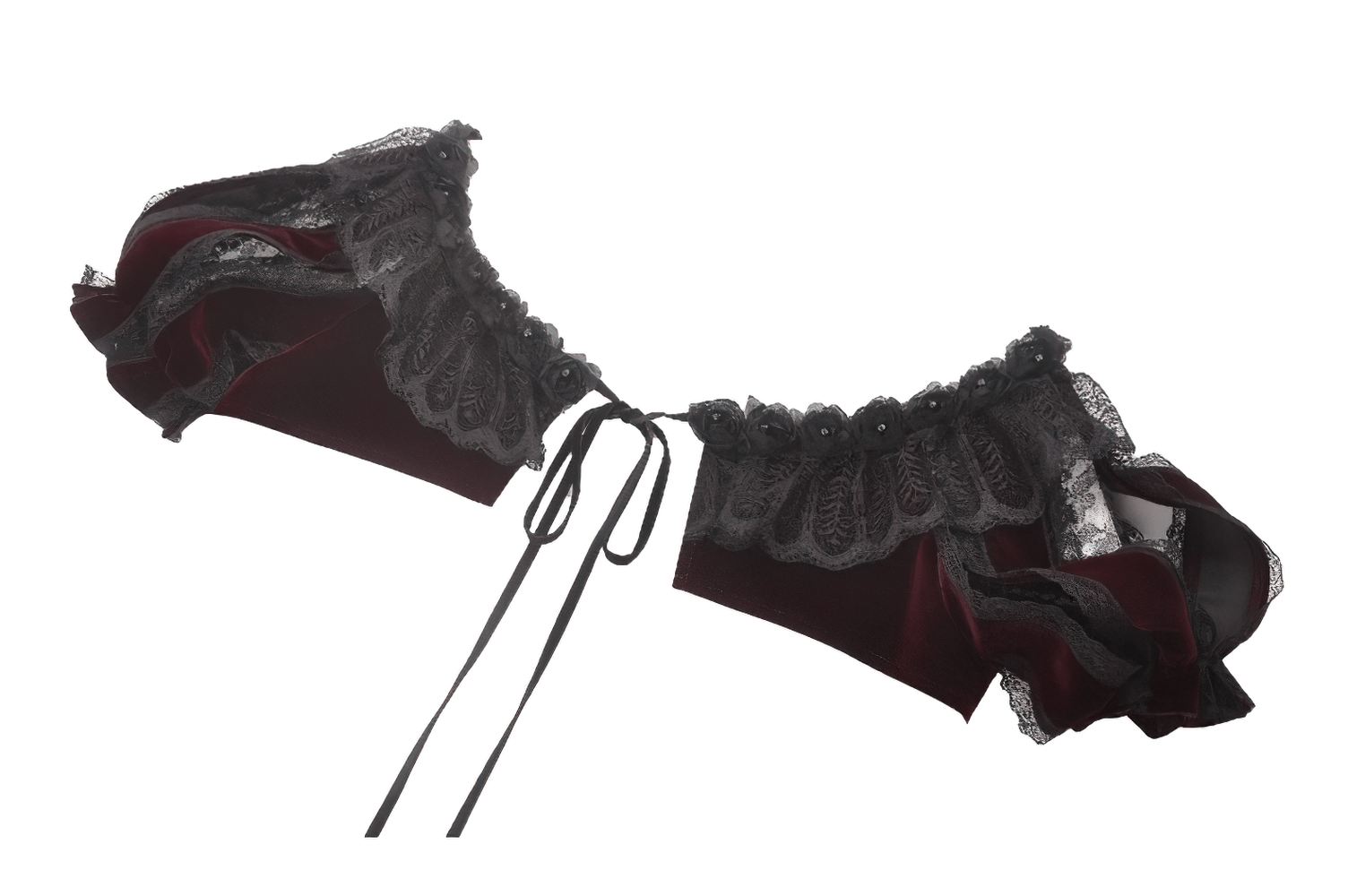 Burgundy Victorian bolero with black lace ruffles and rose appliques for gothic fashion and vintage-inspired outfits.