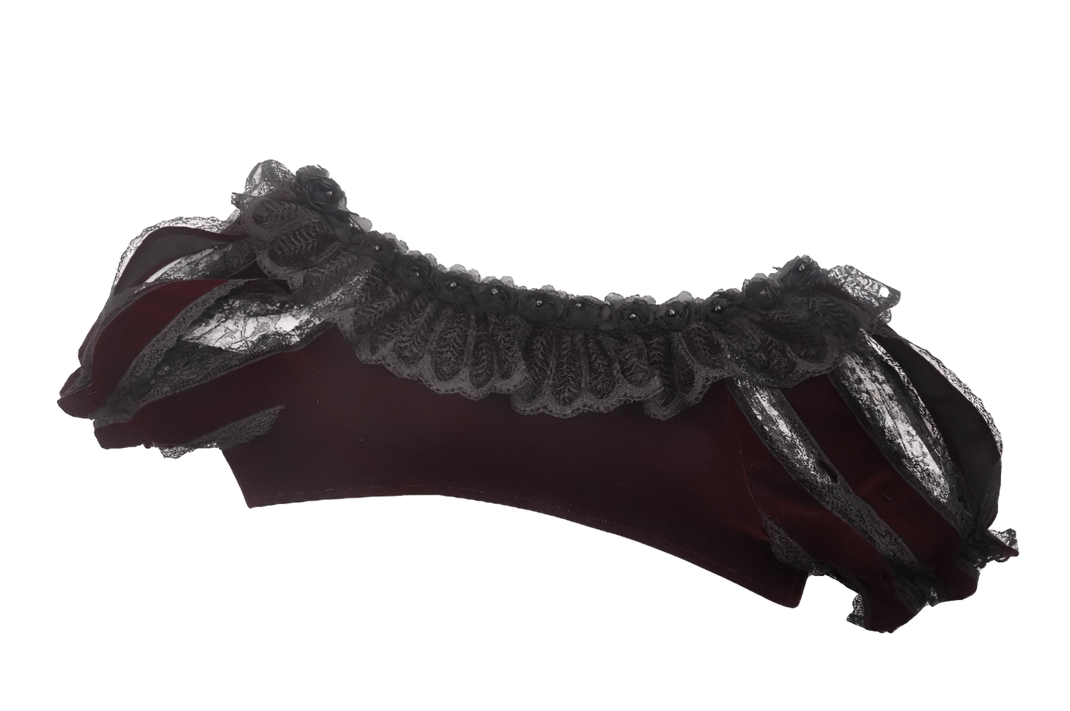 Burgundy Victorian bolero with black lace ruffles and rose appliques for gothic fashion and vintage outfits.