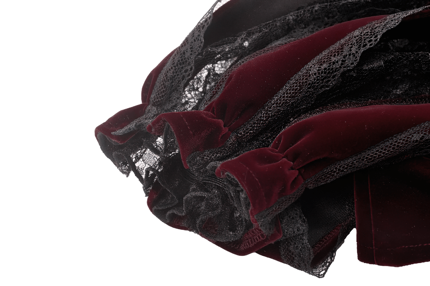 Burgundy Victorian bolero detail showing mesh ruffles and black lace, perfect for gothic fashion and vintage-inspired outfits.