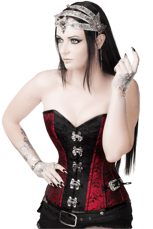 Corset Overbust Steampunk en Brocart Élégant avec Fermoirs Métalliques