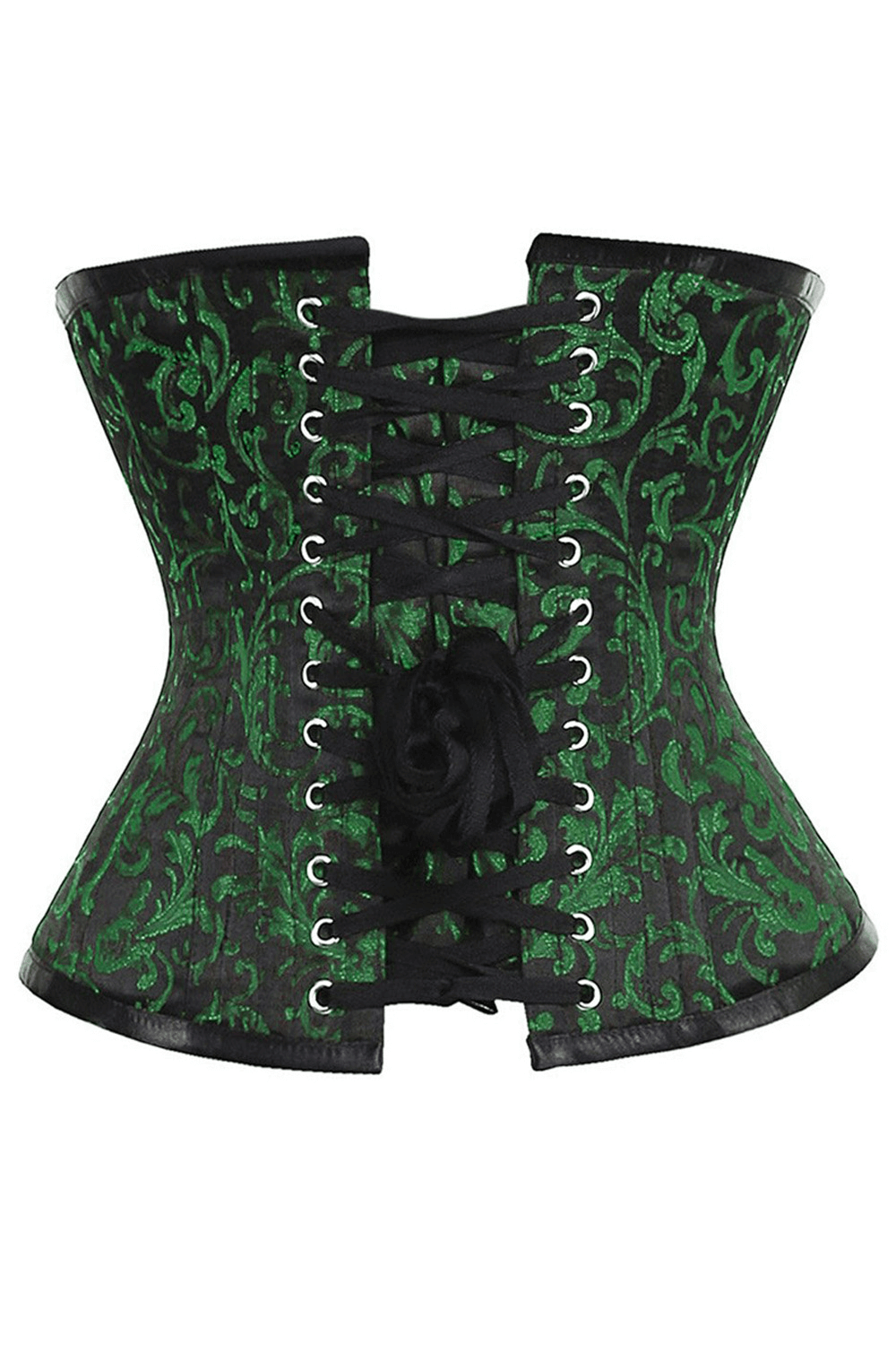 Elegant green brocade underbust corset with steel bones for waist training and a flattering silhouette.