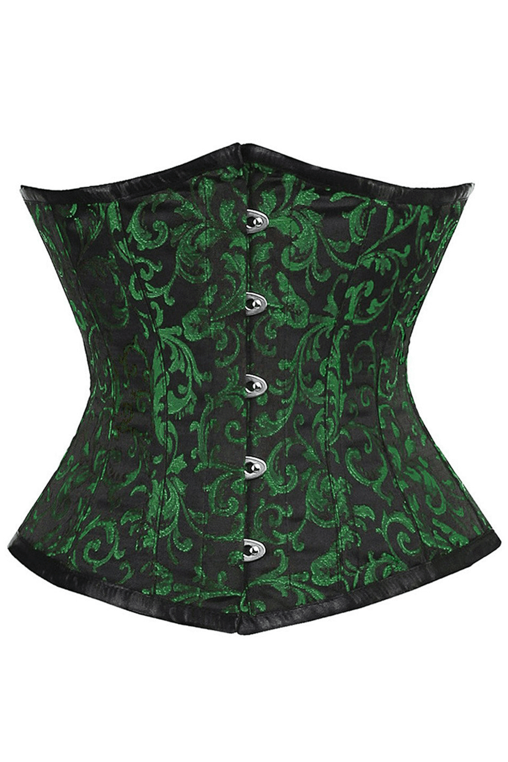 Elegant green brocade underbust corset with steel bones, perfect for waist training and enhancing posture.