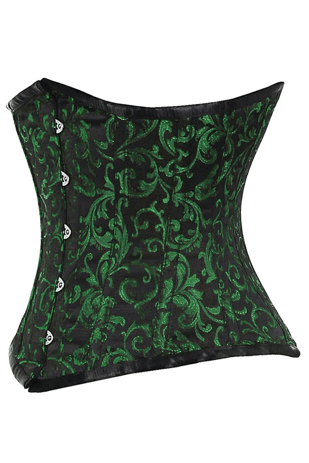 Elegant green brocade underbust corset with steel bones for perfect waist training and a stunning silhouette.