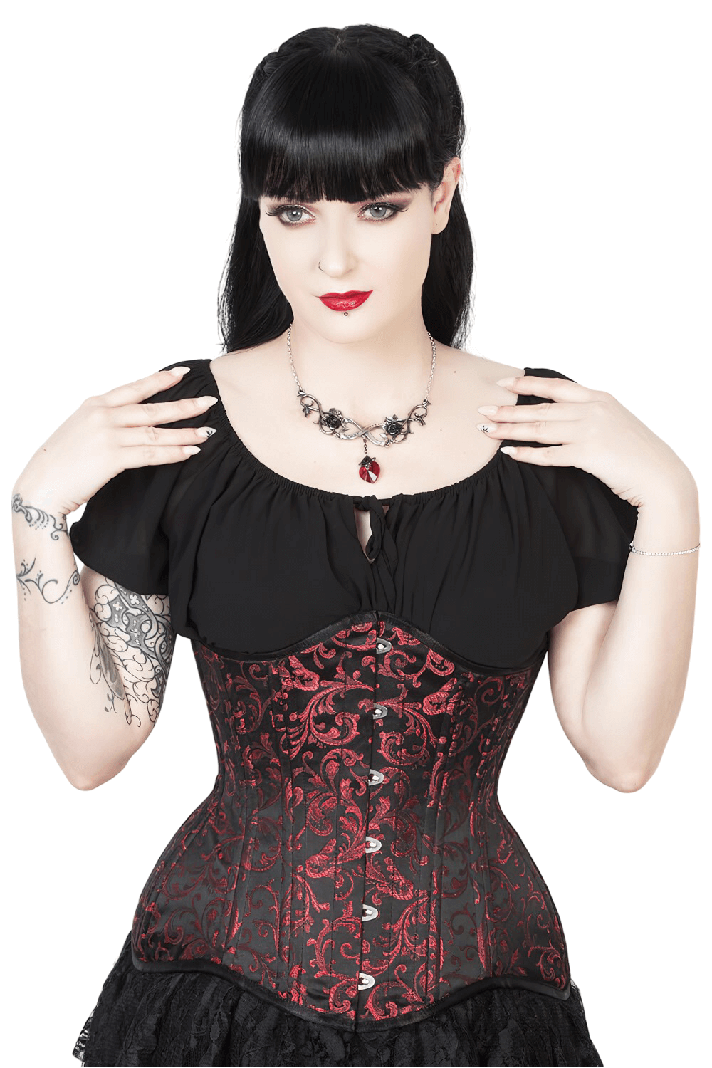 Elegant Gothic brocade corset with steel boning, featuring a lace-up back and metal front closure.