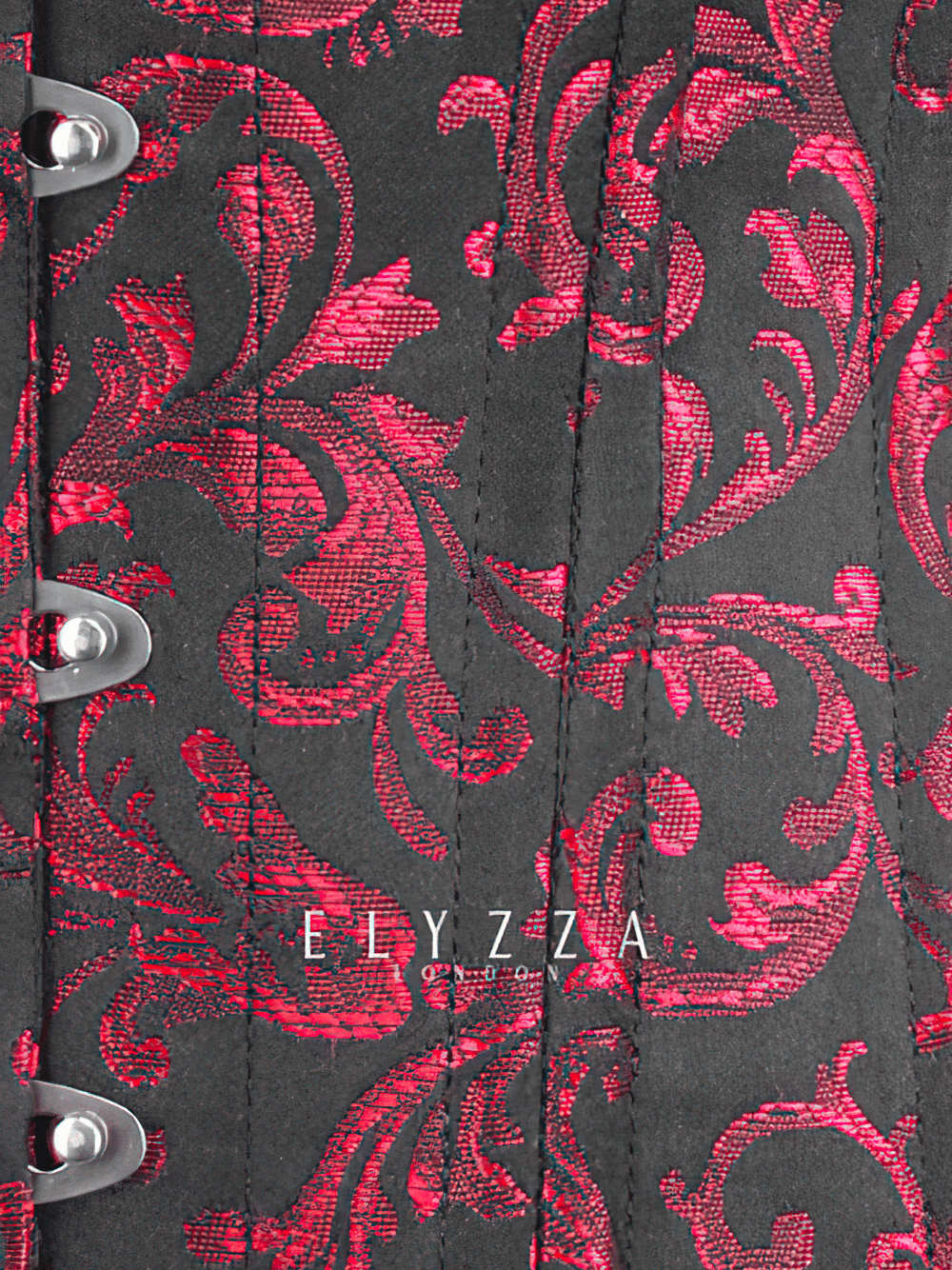 Elegant brocade waist training corset in black and red with steel boning and detailed floral pattern.