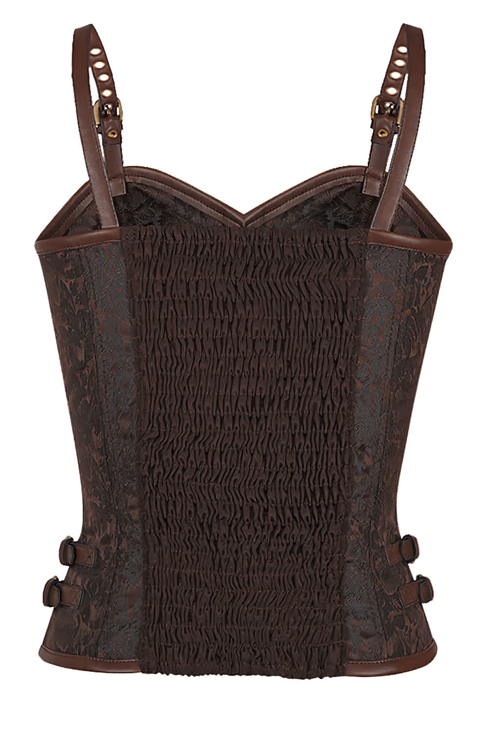 Alt Tag: Elegant Brown Steampunk Corset With Strap Detail back view, Victorian Gothic steel boned overbust corset with straps, buckles