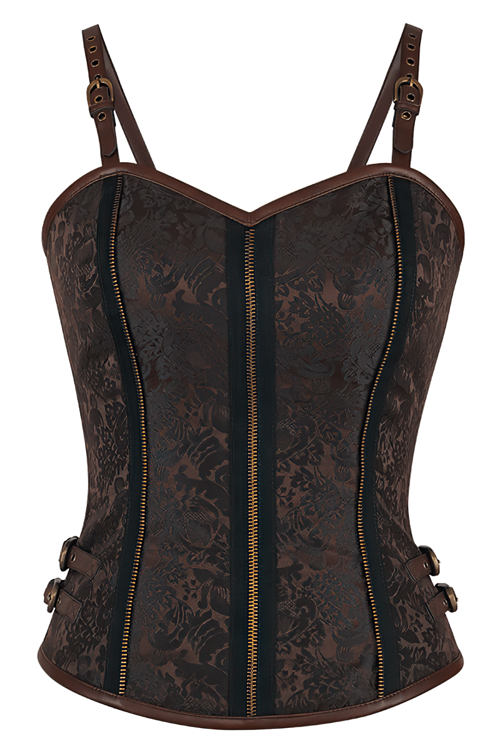 Alt Tag: Elegant Brown Steampunk Corset With Strap Detail Victorian Gothic overbust corset, brocade, steel boned, zipper front, buckle straps