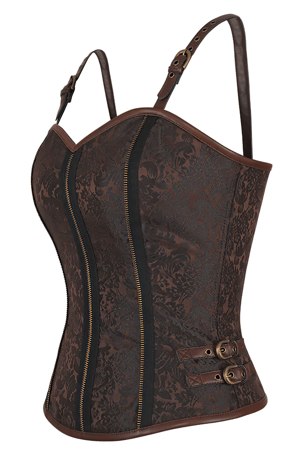Alt Tag: Elegant Brown Steampunk Corset With Strap Detail Victorian gothic steel-boned overbust brocade corset with zipper, buckles, straps