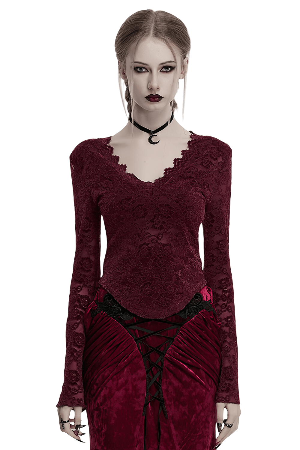 Elegant burgundy lace v-neck gothic top with long sleeves, showcasing a vintage dark romantic style.