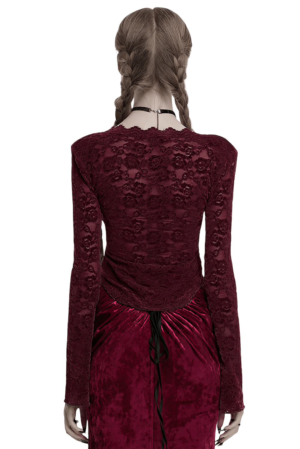 Back view of an elegant burgundy lace long sleeve gothic top with a U-shaped hem, perfect for dark romantic fashion.