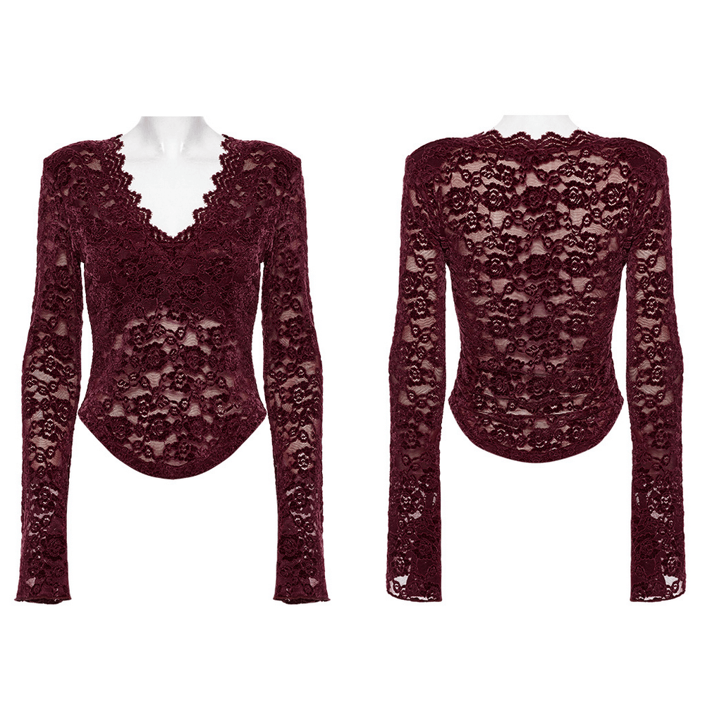 Elegant burgundy lace V-neck gothic long sleeve top with U-shaped hem, perfect for dark romantic styles.