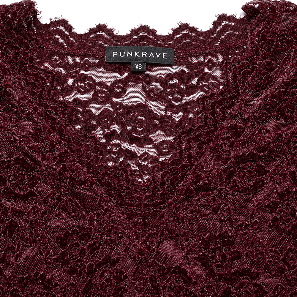 Elegant burgundy lace V-neck top with floral design and PUNK RAVE tag, perfect for gothic fashion lovers.