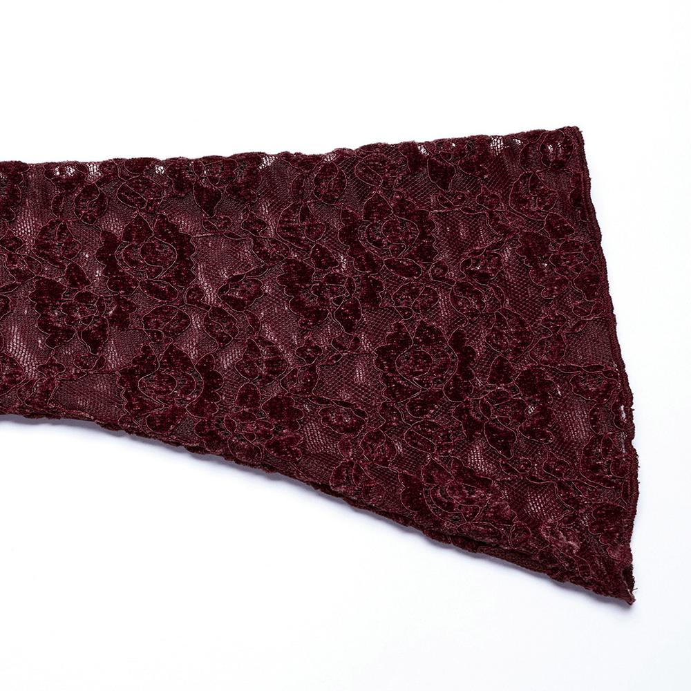 Burgundy lace fabric featuring floral patterns, perfect for gothic fashion tops and elegant designs.