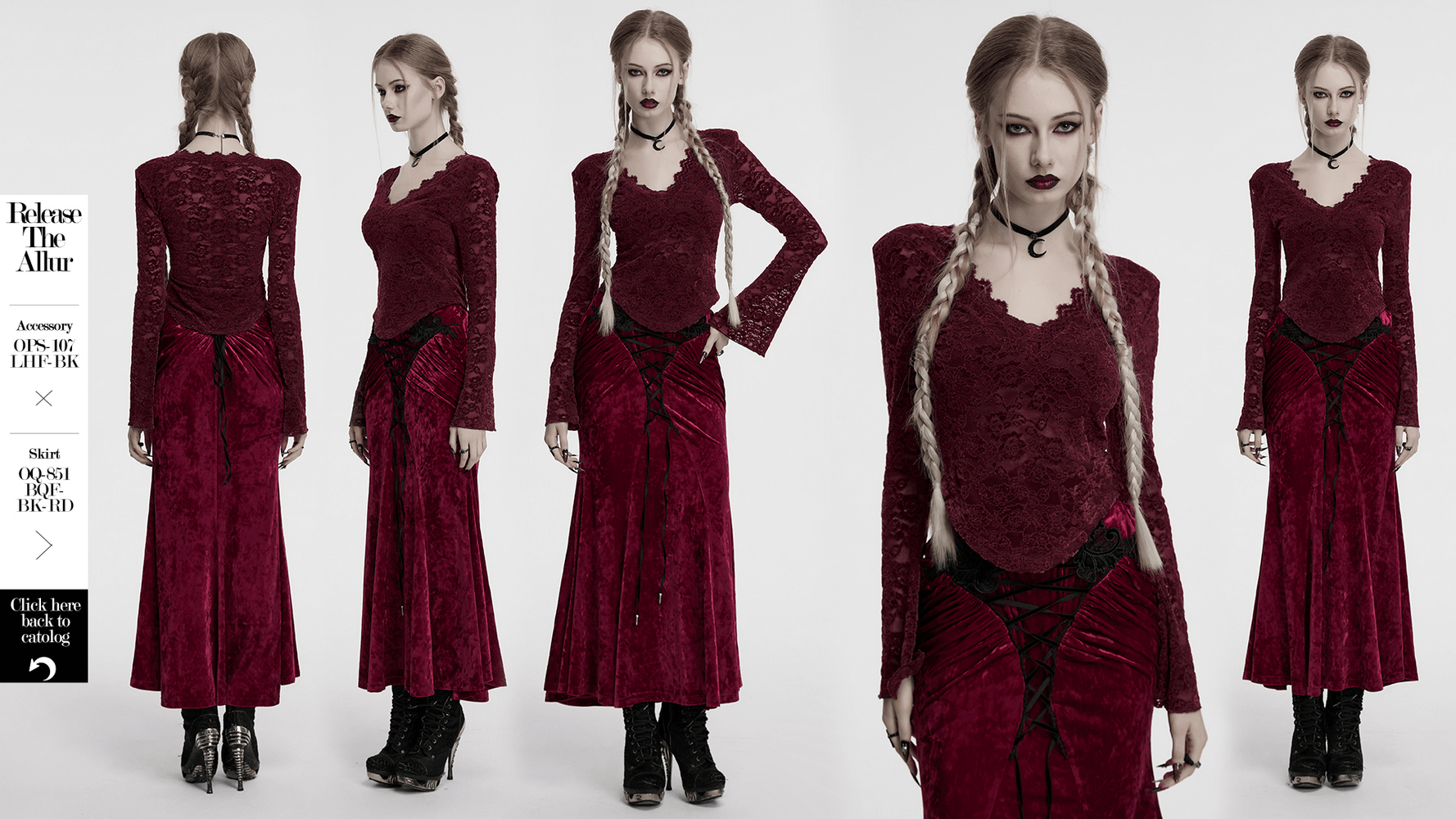 Elegant burgundy lace V-neck long sleeve gothic top with U-shaped hem and floral details.