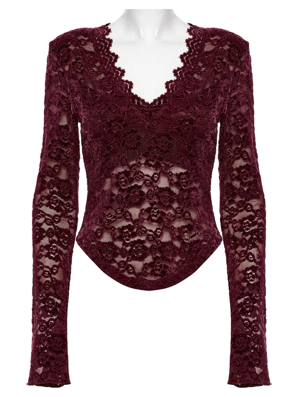 Elegant burgundy lace V-neck top with U-shaped hem and long sleeves for gothic fashion lovers.