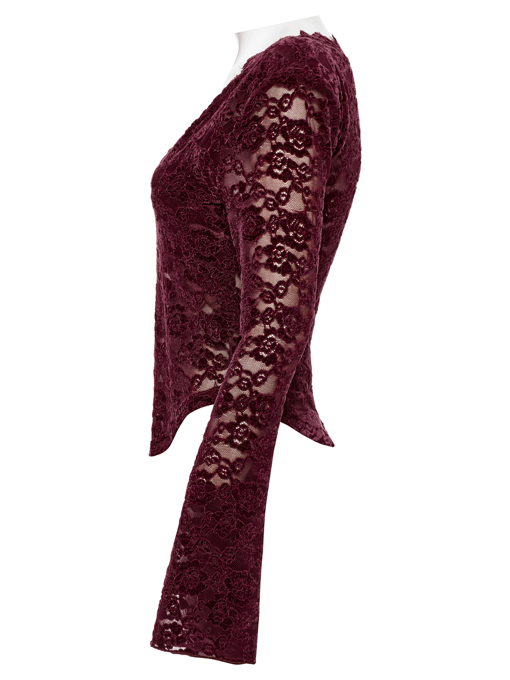 Elegant burgundy lace V-neck top with long sleeves and U-shaped hem design for gothic style.