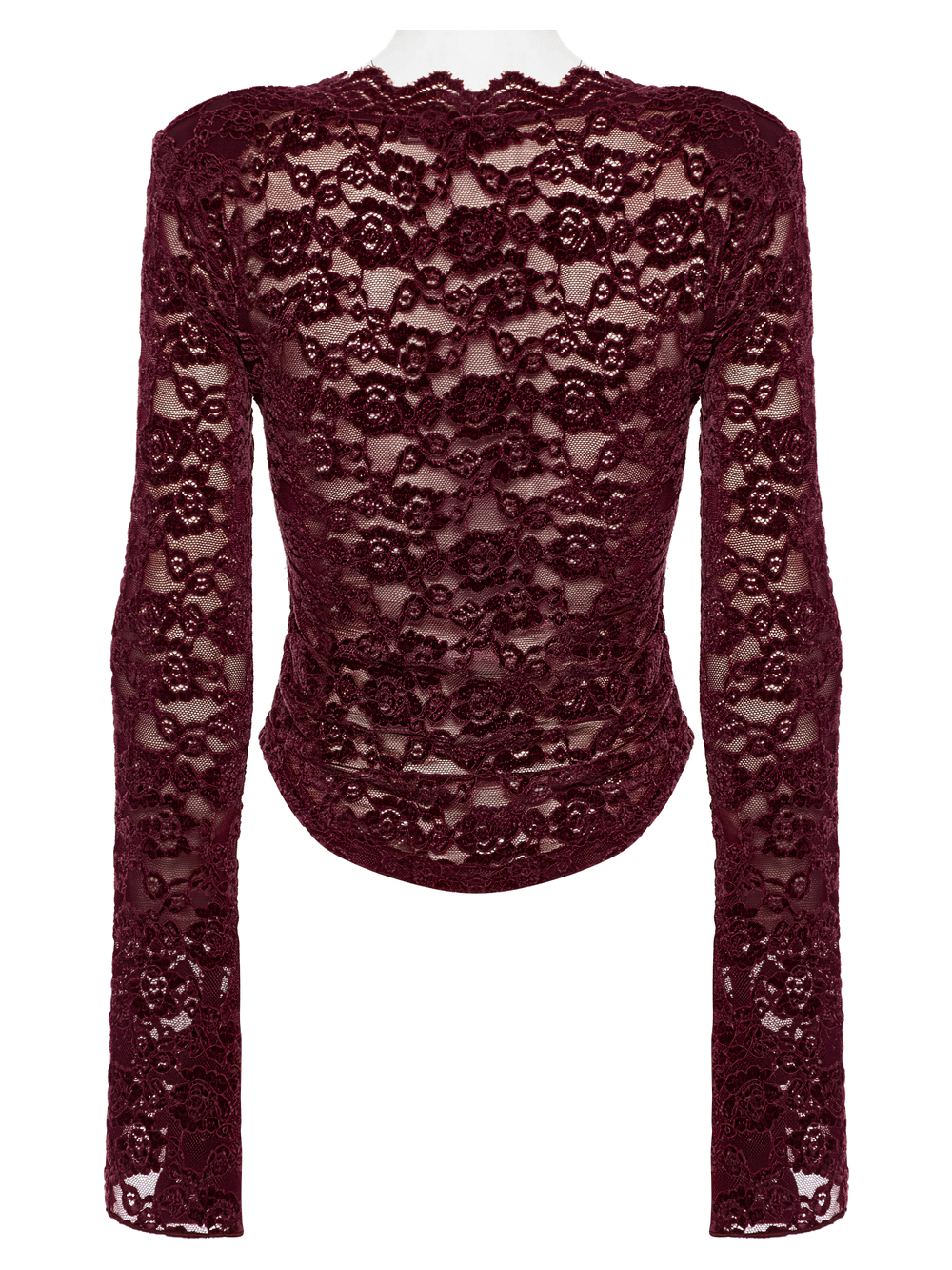 Elegant burgundy lace top with long sleeves and U-shaped hem, perfect for gothic fashion lovers.
