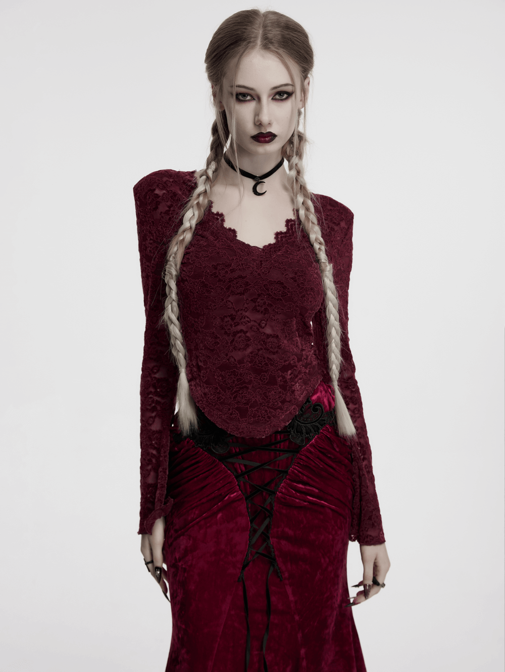 Elegant burgundy lace V-neck top with long sleeves, perfect for gothic and dark romantic styles.