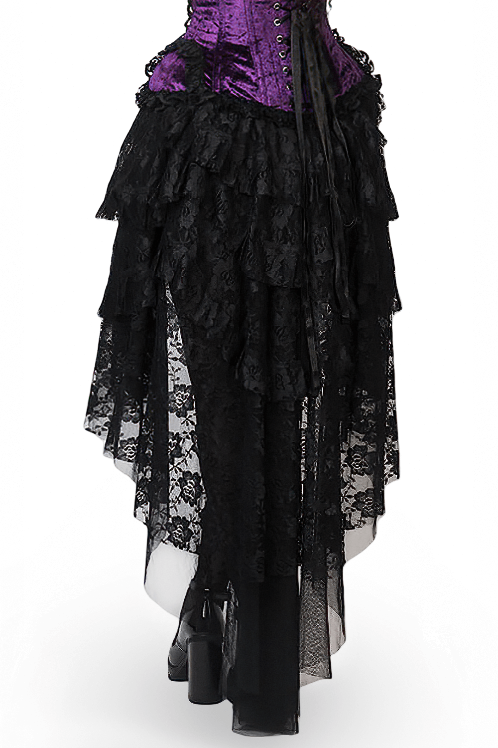 Elegant black taffeta burlesque skirt with lace detailing and layered ruffles, perfect for a dramatic entrance.