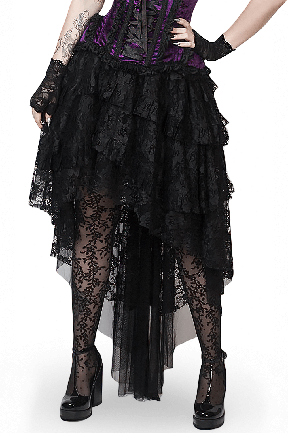 Elegant black layered taffeta skirt with lace detailing, paired with stylish heels and accessories.