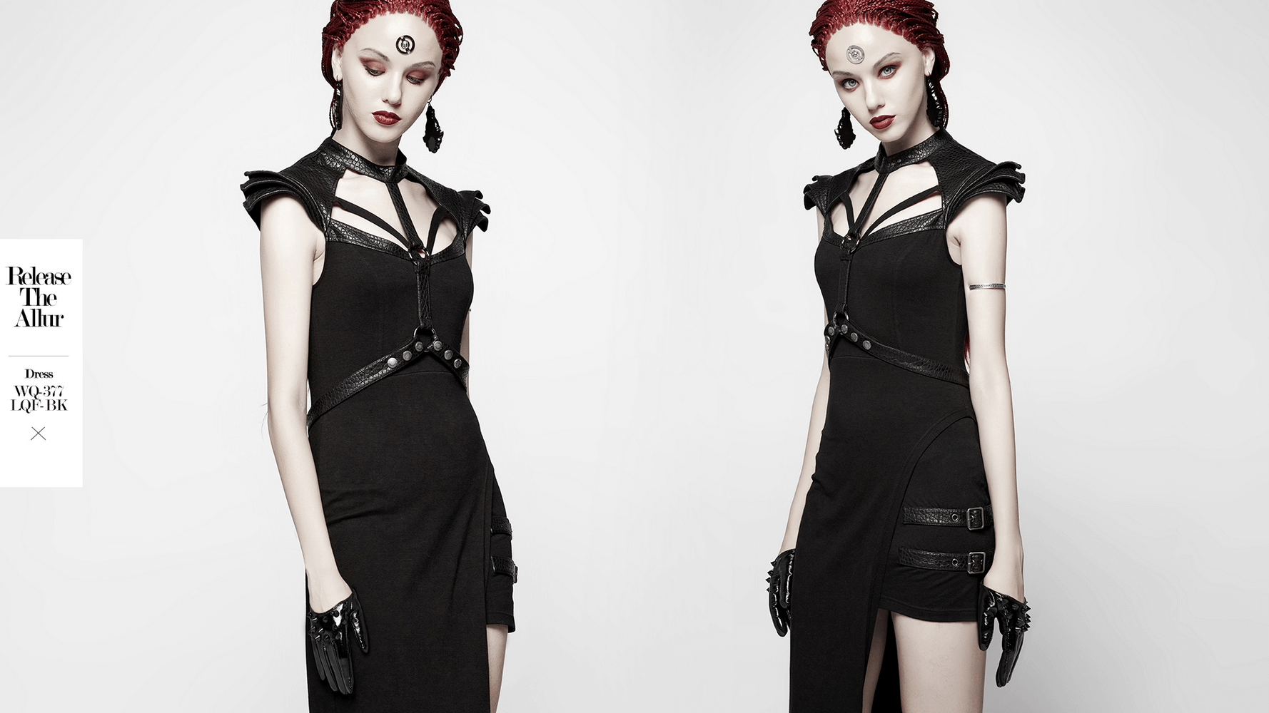 Model showcasing a chic black punk outfit with spiked gloves and bold accessories in a high-fashion style.