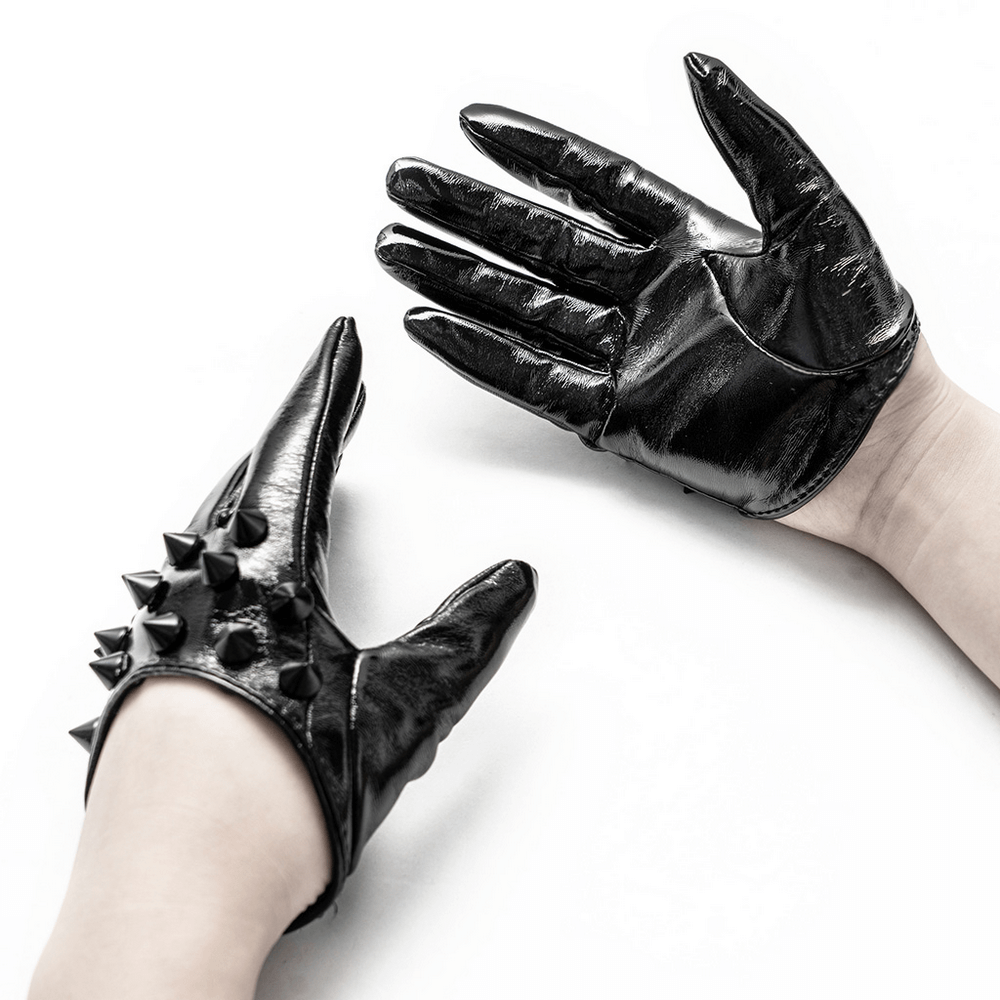 Stylish black spiked punk half-hand gloves with rivet studs and shiny PU leather for edgy fashion.